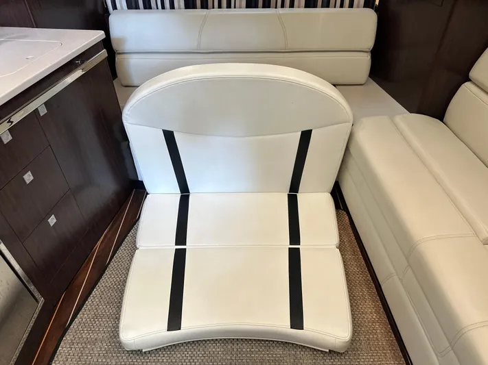  Yacht Photos Pics Interior of 2017 Monterey 355 Sport Yacht with white leather seating and modern design.