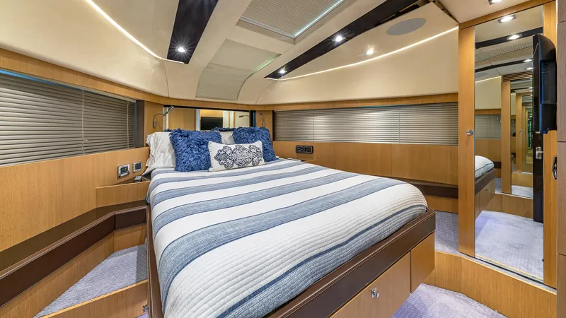 Blessed Yacht Photos Pics Luxurious bedroom interior of 2015 Fairline Squadron 65 yacht with modern design.