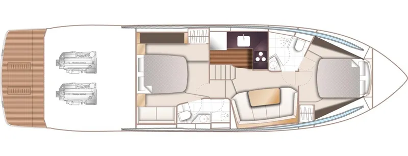  Yacht Photos Pics Floor plan of 2025 Princess V50 Open yacht, featuring cabins, kitchen, and seating area.