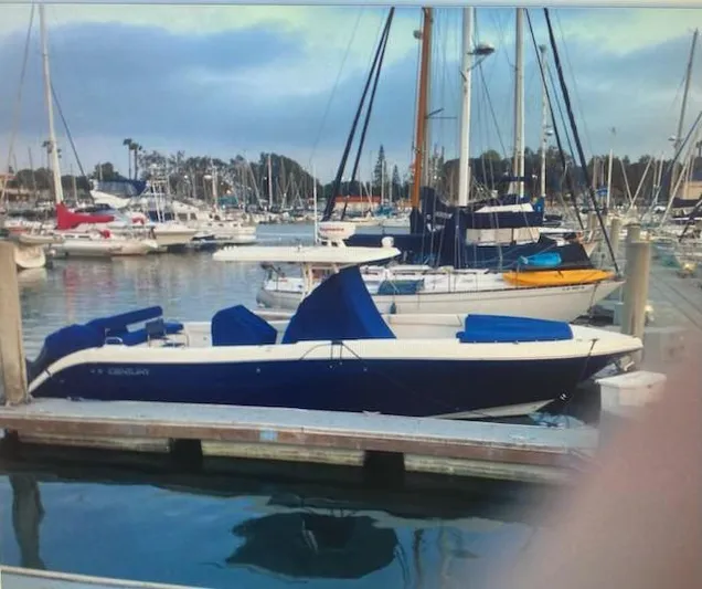 Dolce Vita Yacht Photos Pics 2016 Century 3200 Center Console boat docked in a marina with other sailboats.