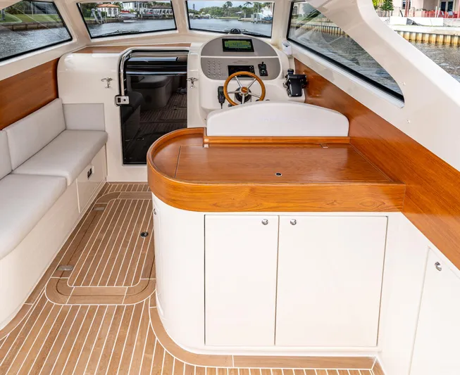 Penrose Yacht Photos Pics Interior of 2020 Gagliotta Lobster 35 boat with wood accents and modern design.