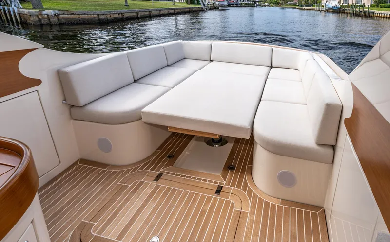 Penrose Yacht Photos Pics Gagliotta Lobster 35, 2020 model, featuring elegant seating and teak flooring on a serene waterway.