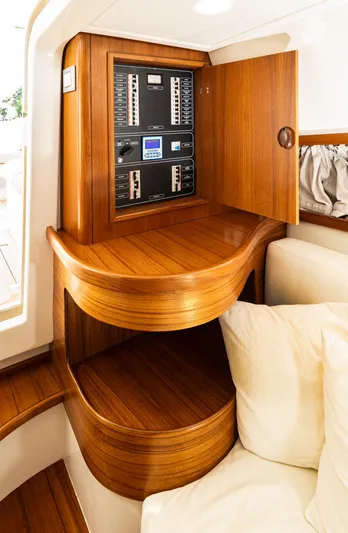 Penrose Yacht Photos Pics Luxurious Gagliotta Lobster 35 yacht interior with wooden cabinetry and control panel, 2020 model.