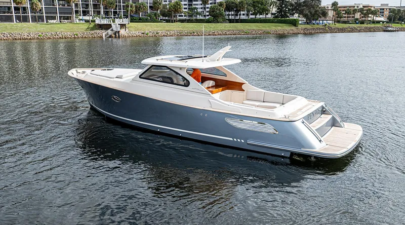 Penrose Yacht Photos Pics 2020 Gagliotta Lobster 35 yacht on calm water, sleek design, luxury leisure boat.