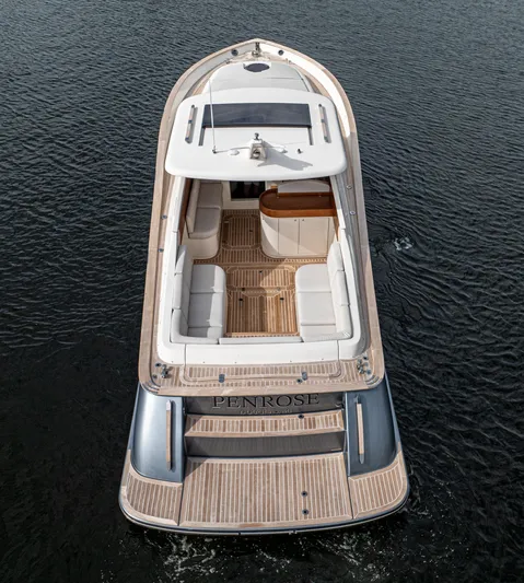 Penrose Yacht Photos Pics 2020 Gagliotta Lobster 35 luxury yacht on water, top view.