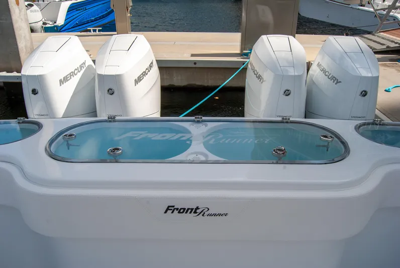  Yacht Photos Pics 2025 Front Runner 43 Catamaran with four Mercury outboard engines at dock.