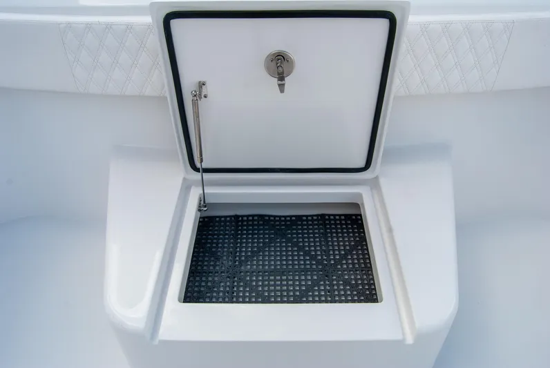  Yacht Photos Pics 2025 Front Runner 43 Catamaran storage compartment with open lid and secure latch.
