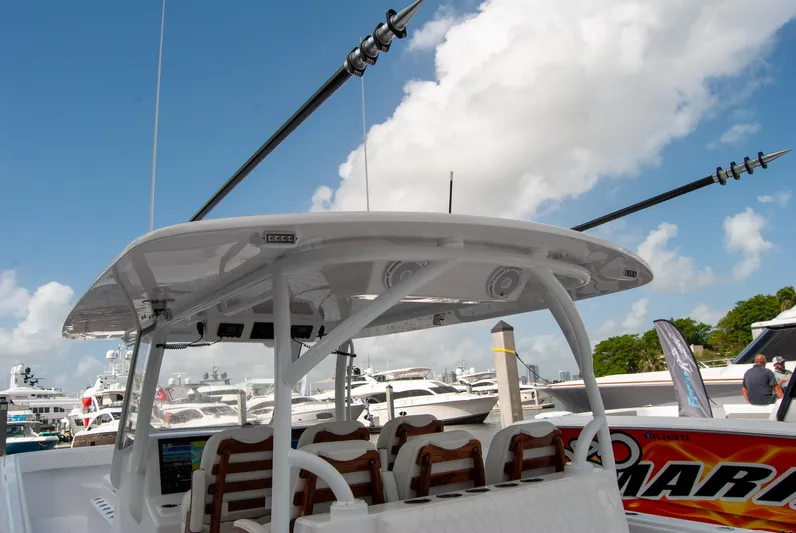  Yacht Photos Pics 2025 Front Runner 43 Catamaran at marina, showcasing sleek design and modern features.