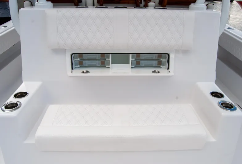  Yacht Photos Pics Luxury seating area on 2025 Front Runner 43 Catamaran with cup holders and storage.