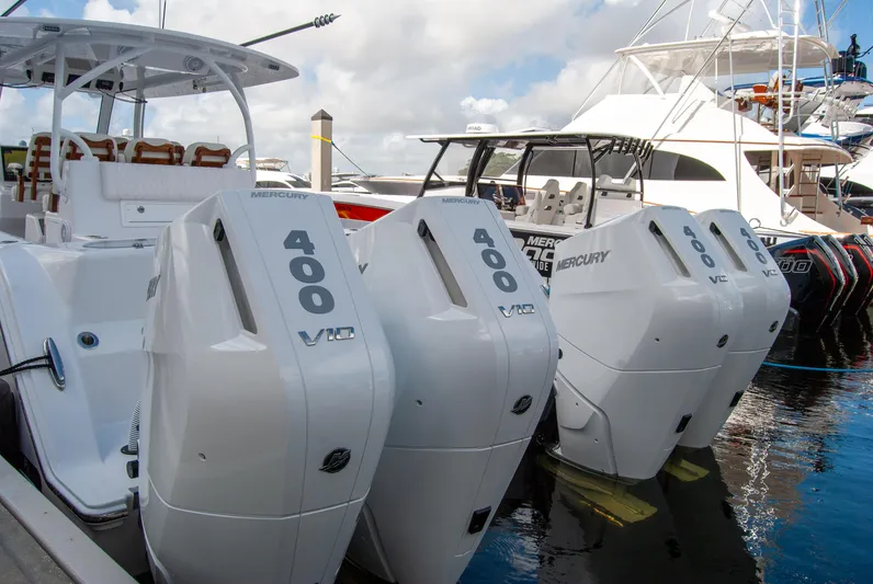  Yacht Photos Pics 2025 Front Runner 43 Catamaran with four Mercury 400 V10 engines docked at marina.