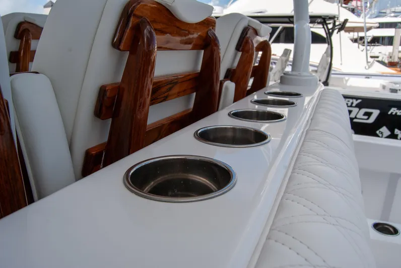  Yacht Photos Pics Luxury seating and cup holders on 2025 Front Runner 43 Catamaran yacht.