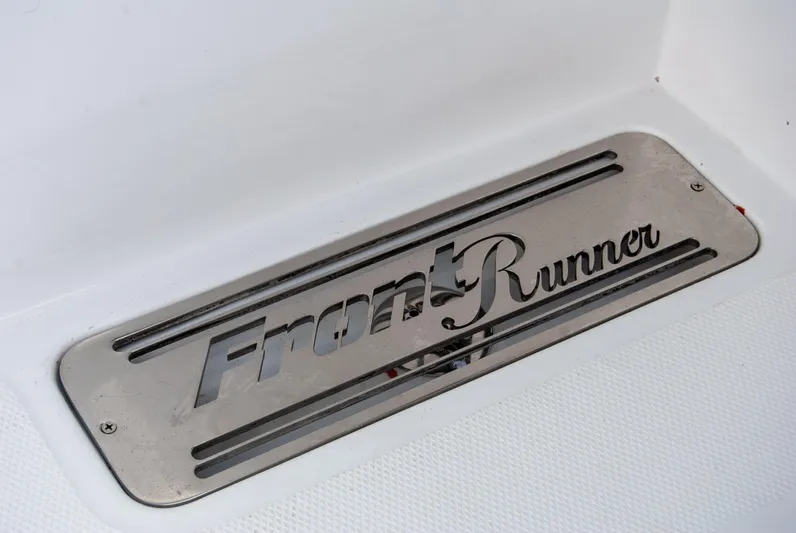  Yacht Photos Pics Front Runner 43 Catamaran 2025 logo on metallic surface.
