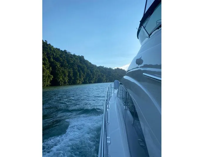  Yacht Photos Pics 2007 Sea Ray 52 Sedan Bridge cruising on a scenic waterway with lush greenery.