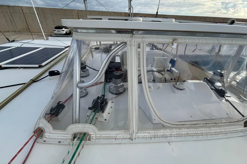  Yacht Photos Pics 2009 Kelsall 58 KSS yacht deck with solar panels and winches.