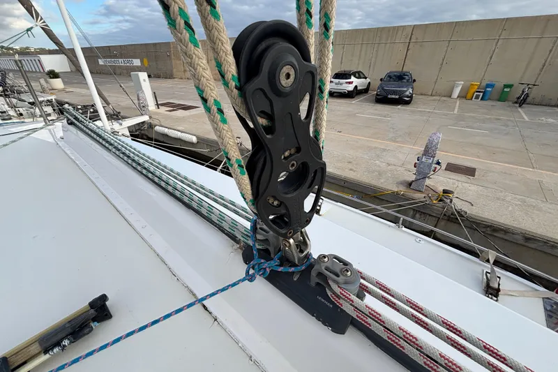  Yacht Photos Pics Deck view of 2009 Kelsall 58 KSS sailboat with rigging and pulleys.