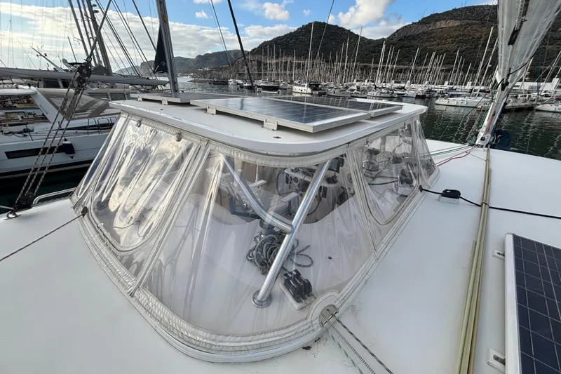  Yacht Photos Pics Sailboat Kelsall 58 KSS 2009 with solar panels docked in marina.