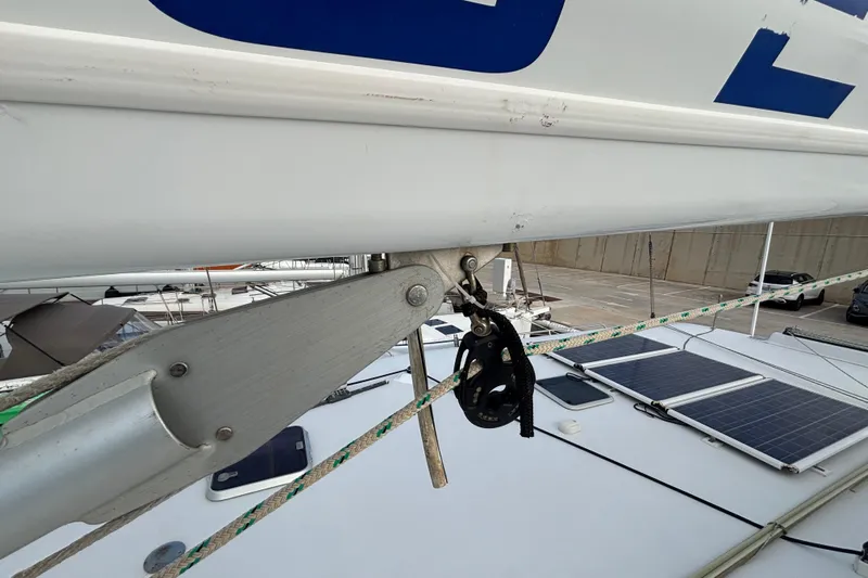  Yacht Photos Pics Close-up of 2009 Kelsall 58 KSS yacht rigging and solar panels on deck.