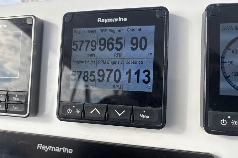  Yacht Photos Pics Raymarine display showing engine hours, RPM, and coolant temperatures on a 2009 Kelsall 58 KSS.