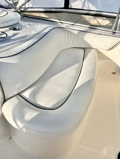  Yacht Photos Pics 2009 Meridian 391 Sedan interior seating with white upholstery and sleek design.