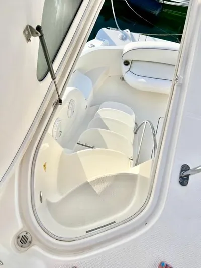  Yacht Photos Pics 2009 Meridian 391 Sedan boat interior with white seating and steps.