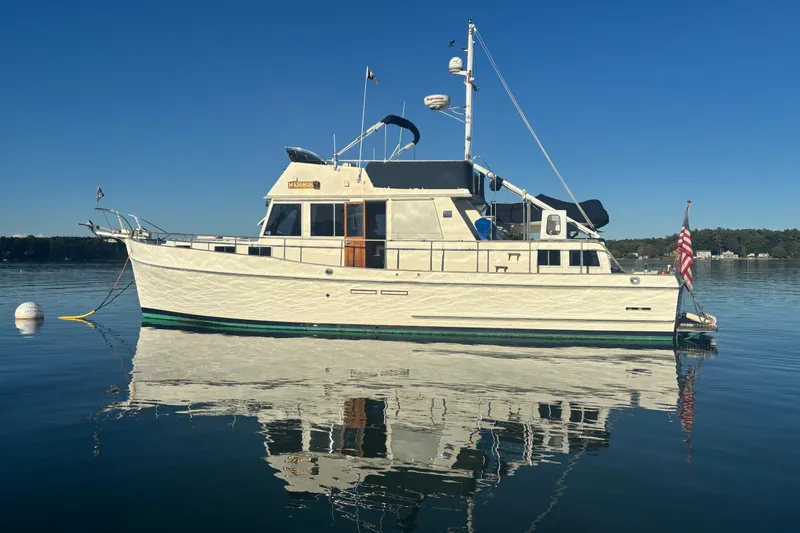 Maximon Yacht Photos Pics 1989 Grand Banks 46 Classic yacht on calm water, clear sky background.