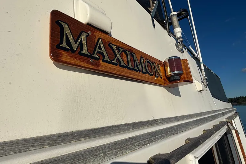 Maximon Yacht Photos Pics 1989 Grand Banks 46 Classic boat with "Maximon" nameplate and exterior details.