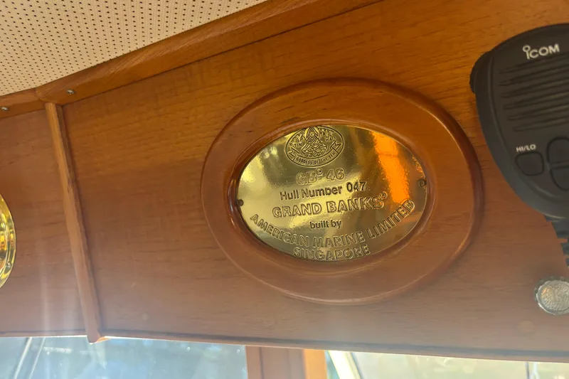 Maximon Yacht Photos Pics Plaque on 1989 Grand Banks 46 Classic, hull number 047, built by American Marine Limited.