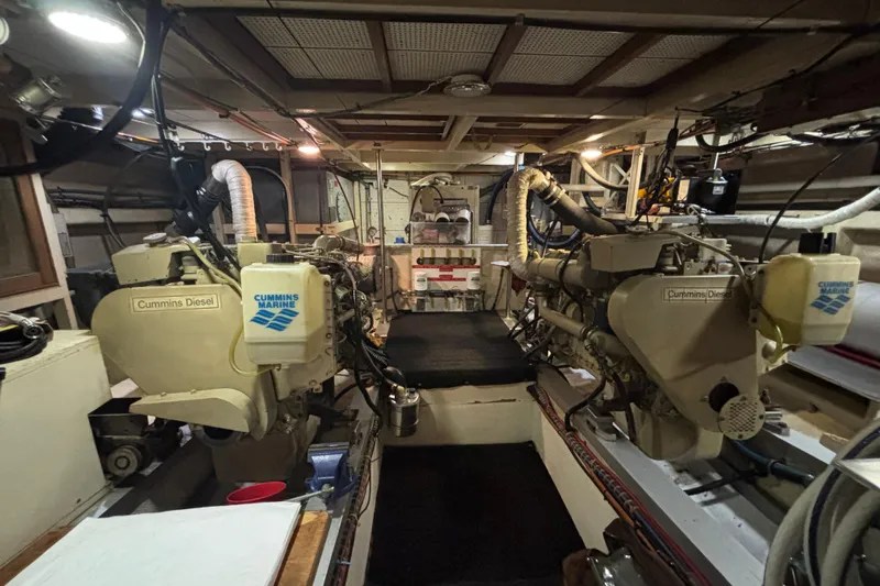 Maximon Yacht Photos Pics Engine room of 1989 Grand Banks 46 Classic with Cummins Diesel engines.