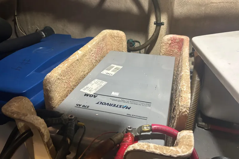 Maximon Yacht Photos Pics Battery compartment of 1989 Grand Banks 46 Classic boat with AGM battery.