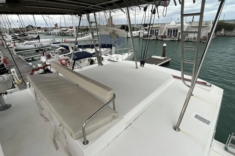  Yacht Photos Pics Deck view of a 2020 Bali 4.3 catamaran docked at a marina.