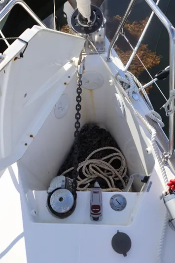  Yacht Photos Pics Anchor locker of 2016 Dufour 382 Grand Large sailboat with chain and rope.