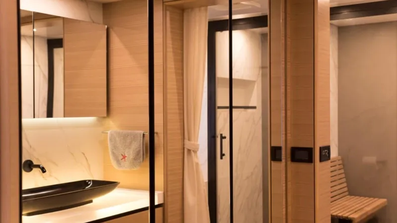 Kailua Yacht Photos Pics Luxurious bathroom interior of 2018 Sunreef 74C yacht with modern fixtures and wooden accents.