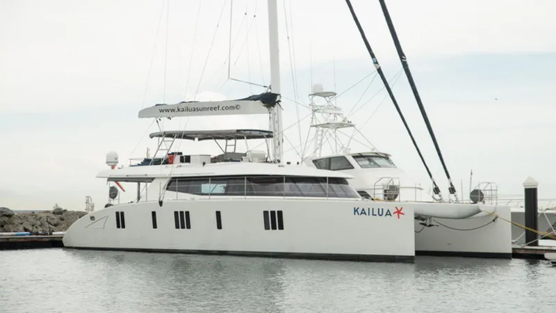 Kailua Yacht Photos Pics Luxury Sunreef 74C catamaran, 2018 model, docked at marina.