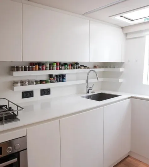 Kailua Yacht Photos Pics Modern kitchen in 2018 Sunreef 74C yacht with sleek white cabinetry and built-in spice shelves.