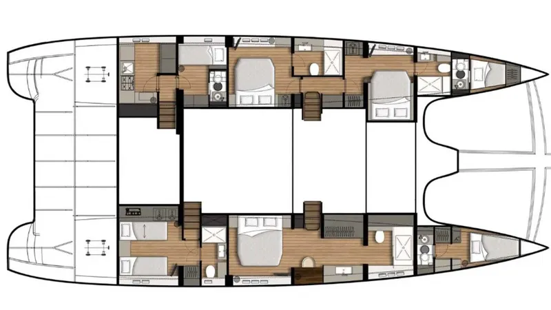 Kailua Yacht Photos Pics Floor plan of a 2018 Sunreef 74C catamaran, featuring multiple cabins and living spaces.