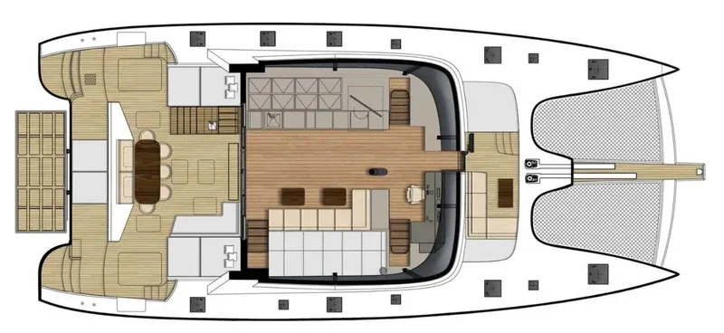 Kailua Yacht Photos Pics Floor plan of a 2018 Sunreef 74C luxury yacht, showcasing spacious interior layout.
