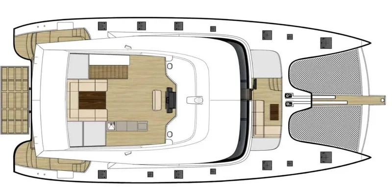 Kailua Yacht Photos Pics Top view layout of 2018 Sunreef 74C catamaran yacht, showcasing deck and interior design.