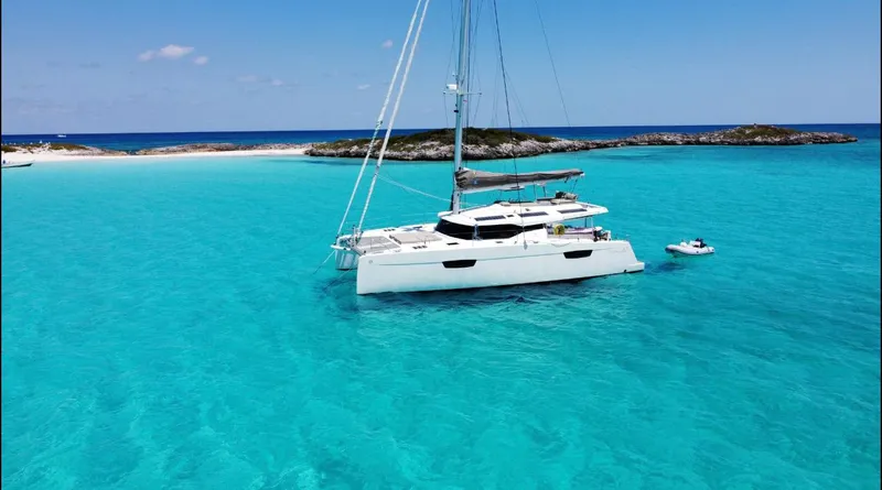  Yacht Photos Pics Fountaine Pajot Saona 47 catamaran in turquoise waters, 2018 model.