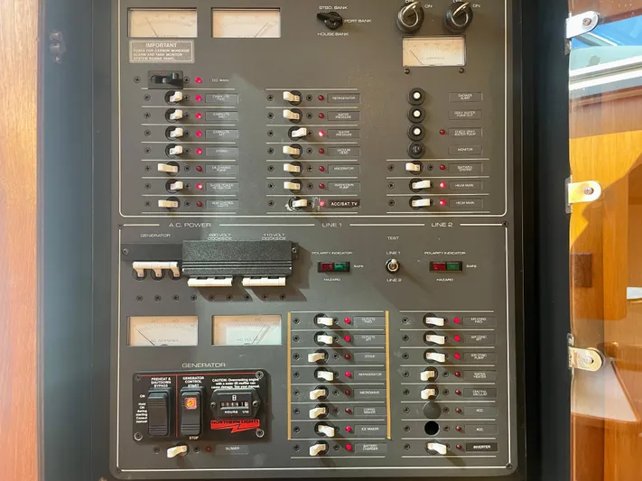 Gina Marie Yacht Photos Pics Electrical control panel of a 1997 Tiara Yachts 3700 Open boat.