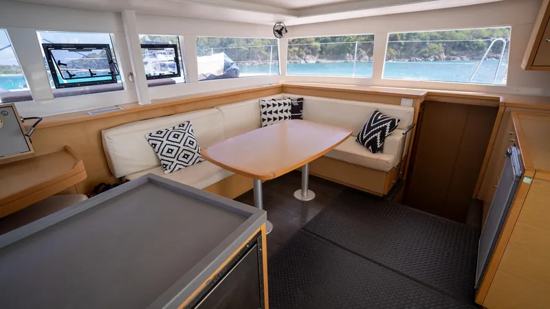 Altair Yacht Photos Pics Interior of 2018 Lagoon 450 F catamaran with modern seating and scenic windows.