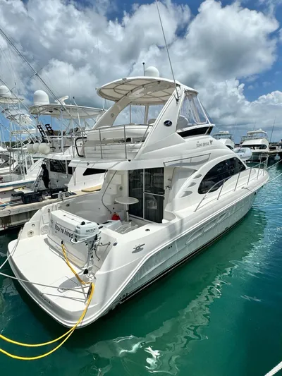  Yacht Photos Pics 2007 Sea Ray 44 Sedan Bridge yacht docked in a marina.