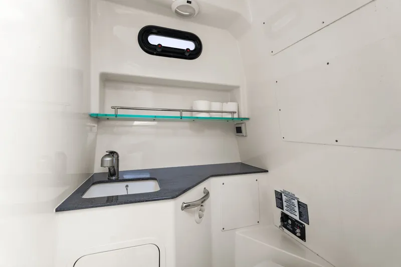 Yacht Photos Pics 2021 Boston Whaler 325 Conquest interior with sink and storage shelf.