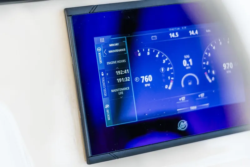  Yacht Photos Pics Digital dashboard display of a 2021 Boston Whaler 325 Conquest boat.