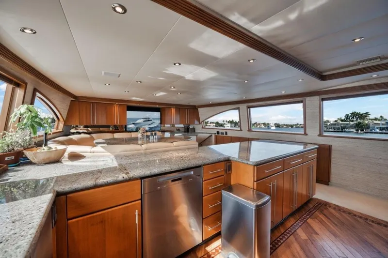 Island Girl Yacht Photos Pics Luxurious kitchen interior on 2002 Westport 112 yacht with modern appliances and panoramic windows.
