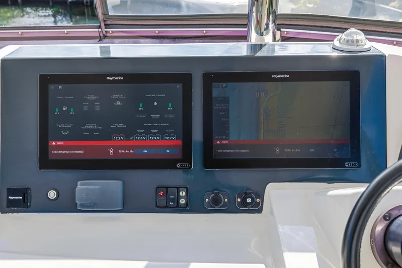 Better Now Yacht Photos Pics Control panel of 2023 Leopard 46 Powercat with dual Raymarine displays.