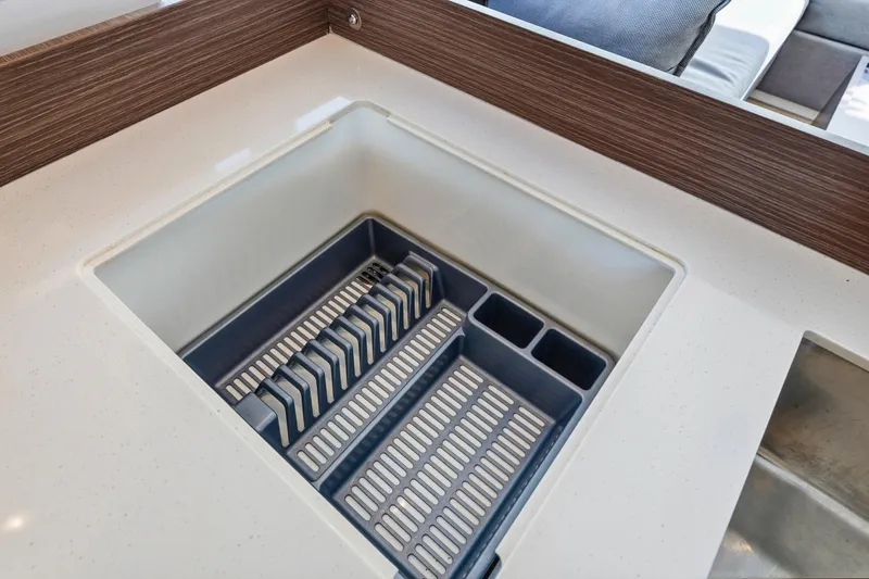 Better Now Yacht Photos Pics Modern kitchen sink with integrated dish rack on Leopard 46 Powercat, 2023 model.