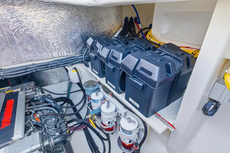 Better Now Yacht Photos Pics Engine room of 2023 Leopard 46 Powercat with Yanmar engine and battery setup.