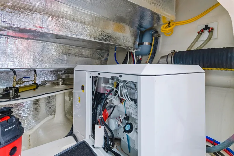 Better Now Yacht Photos Pics Engine room of 2023 Leopard 46 Powercat with visible machinery and wiring.