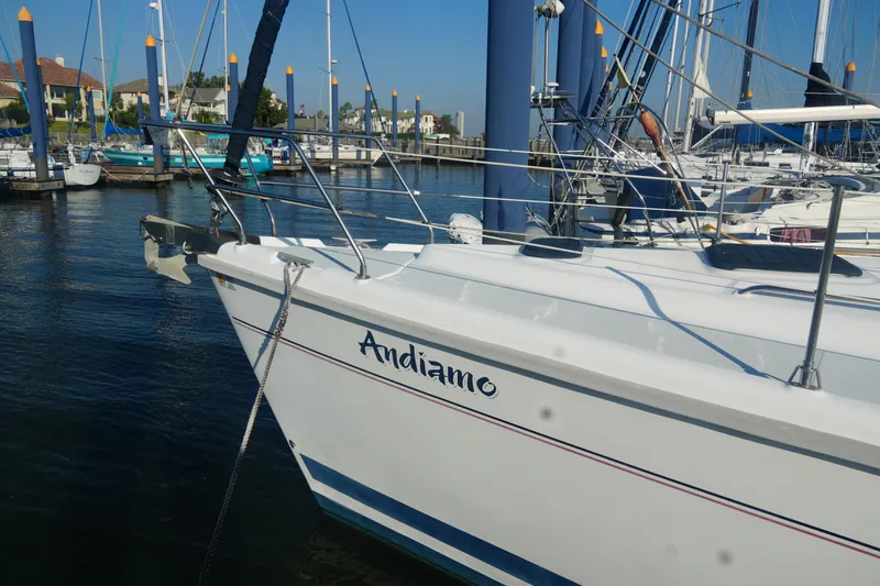 Andiamo Yacht Photos Pics Sailboat "Andiamo" docked in marina, Hunter 410 model, 1998.