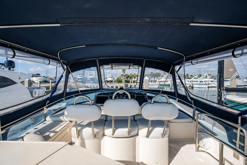 You Go Girl! Yacht Photos Pics Cockpit view of 2000 Fairline Squadron 52 yacht at marina.